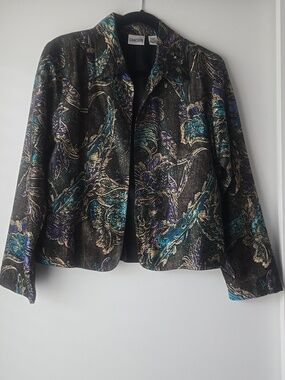 Chico's Black Metallic Floral Silk Jacket with Teal and Purple Accents-Size Med